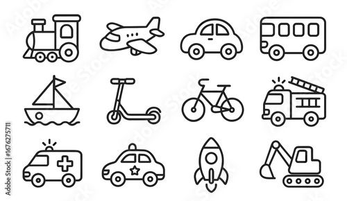 Illustrated line art of transportation toys for toddlers: vehicles, airplane, train, bicycle