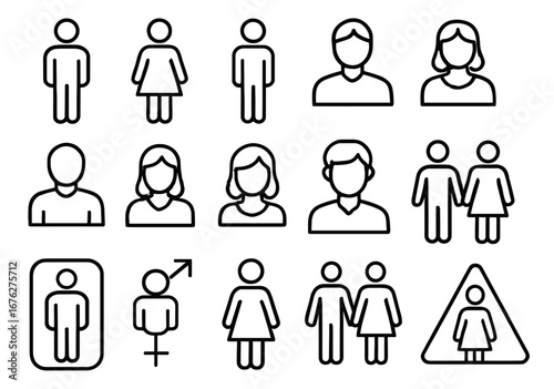Simple line art icons of male and female figures and symbols