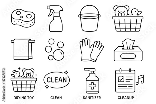 Cleaning tools and supplies icons: sponge, spray, bucket, toys, towels, gloves, sanitizer, tissues