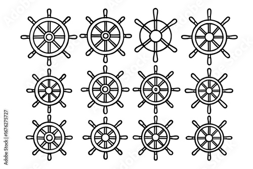 Nautical ship wheel outline set collection with various designs