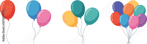 Colorful balloons in groups for celebration, party, birthday, festive decoration, floating design – cad drawing flat vector illustration vectorizer