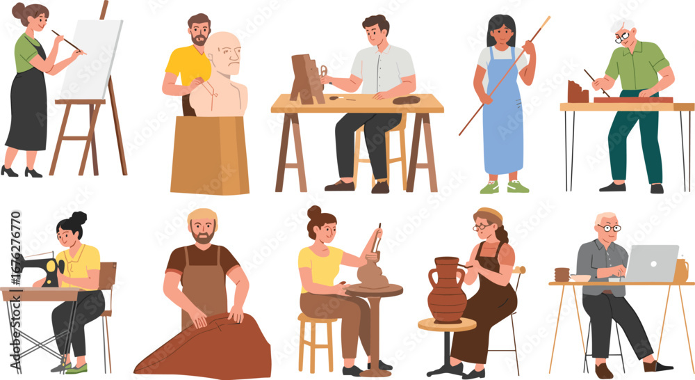Obraz premium Creative people painting, sculpting, woodworking, sewing, pottery, leather crafting, digital art, handmade crafts, artistic hobbies, teamwork, colorful workspace, skillful artisans
