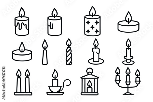 Various candle line art icons with flames in different styles and holders