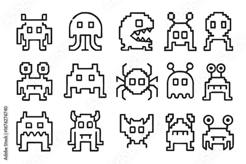 Set of 16 pixel art retro game monsters with various designs