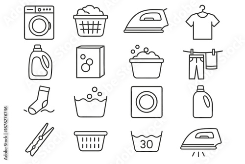 Laundry icons set: washing machine, basket, iron, detergent, clothesline, t-shirt, sock, water