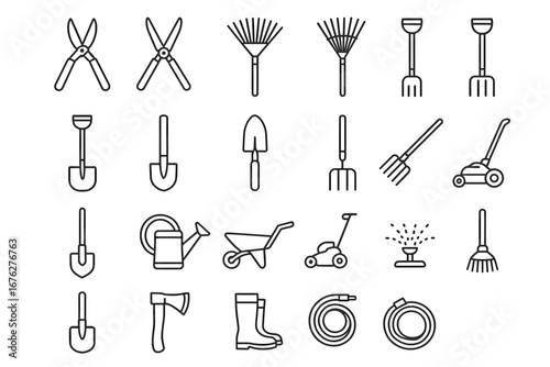 Outline icons of essential gardening tools for efficient lawn care and landscaping