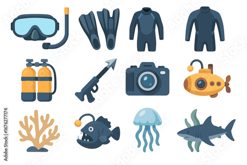 Underwater exploration gear and marine life icons with diving equipment and sea creatures