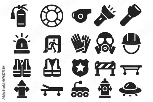 Safety equipment and emergency icons set for precautionary measures