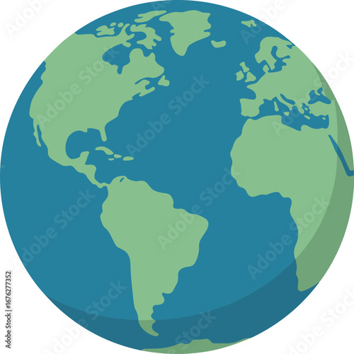 Flat Earth map illustration, world continents view, green land blue ocean, vector globe geography design