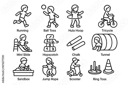 Outline icons of children engaged in various playground activities and toys