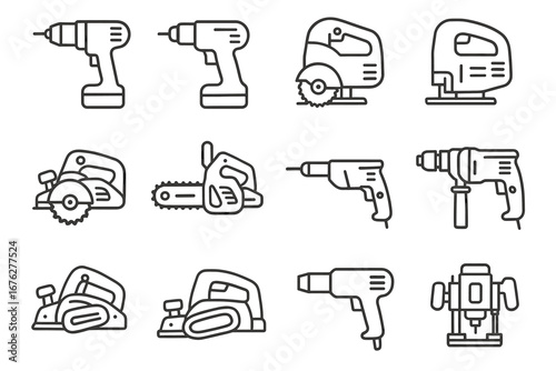 Set of electric power tool icons: drill, saw, planer, router, jigsaw, chainsaw