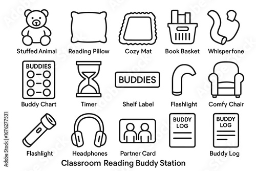 Educational tools for classroom reading buddy station: icons for learning and organization