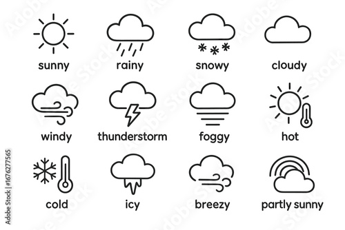 Weather symbols: sunny, rainy, snowy, cloudy, windy, thunderstorm, foggy, hot, cold, icy, breezy, partly sunny illustrations