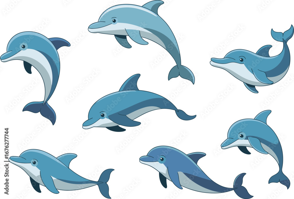 Naklejka premium Playful cartoon dolphins in various swimming and jumping poses – cad drawing flat vector illustration vectorizer