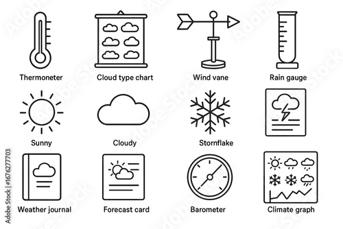Weather instruments and symbols: thermometer, wind vane, rain gauge, cloudy, snowflake, sunny