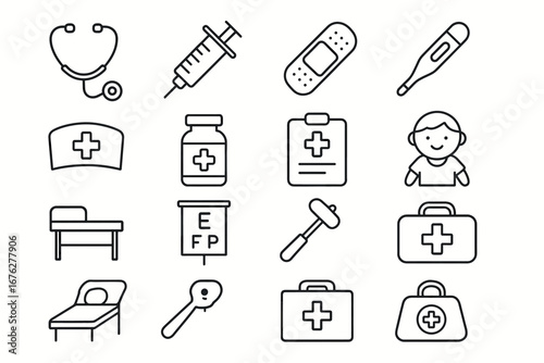 Medical icons: stethoscope, syringe, bandage, thermometer, nurse, child, bed, eye chart, hammer, first aid kits