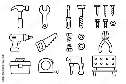Collection of various hand and power tools outlined in black and white clipart