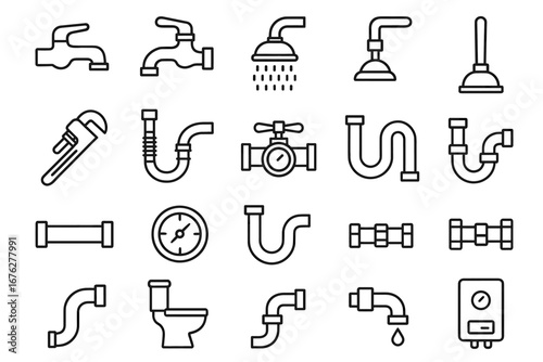 Plumbing icons set: faucets, pipes, tools, and fixtures in line art style