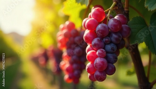Close-up of perfectly ripe Bordeaux grapes hanging heavy on the vine, ready for harvest Sunlight glistens on their deep red skins Rich, juicy, and full of flavor , wine, plant