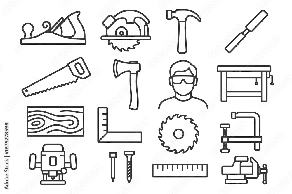 Fototapeta premium Woodworking tool collection: saw, hammer, axe, clamp, ruler, goggles, male