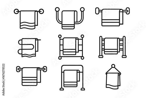 Set of nine towel rack line icons in minimalist black design