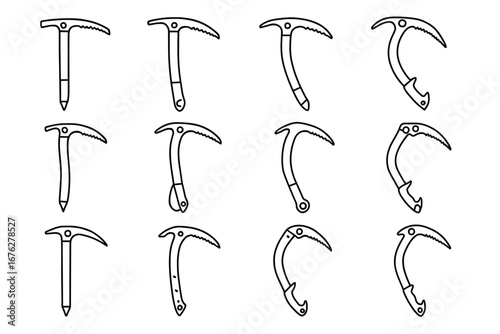 Set of twelve monochrome ice axes for climbing and mountaineering