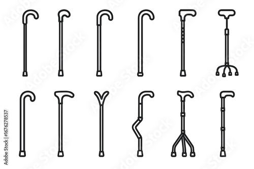 Various walking canes and mobility aids line art collection