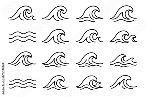 Set of fifteen minimalist ocean wave icons in black line art style