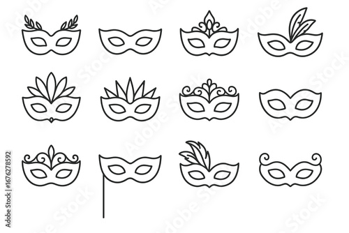 Collection of ornate outline masquerade masks with feathers and floral designs