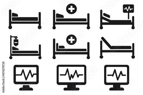Medical equipment icons: hospital beds and heart monitors collection