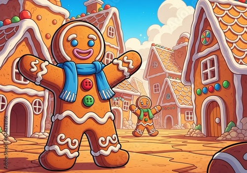 Gingerbread Man Character with Colorful Decorations in Festive Candy Village for Holiday Cards, Children's Books, Seasonal Decor, and Festive Content Creation  