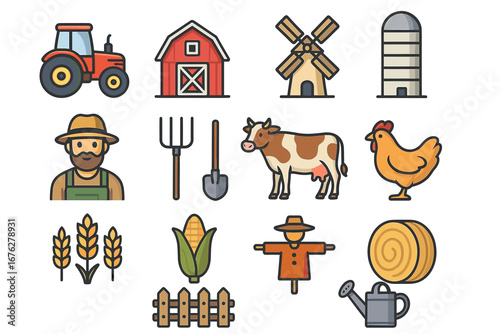 Colorful farm elements: tractor, barn, windmill, farmer, cow, chicken, crops, and tools