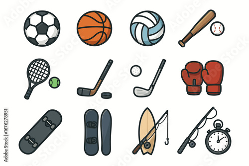 Collection of popular sports equipment icons