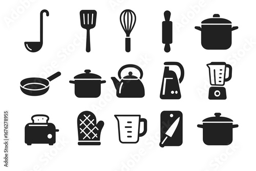 Collection of kitchen utensils icons: whisk, blender, toaster, pot, and more