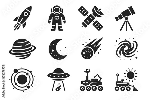 Space exploration icons: rocket, astronaut, telescope, planet, ufo, and rover designs