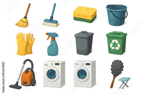 Cleaning tools: broom, mop, sponge, bucket, gloves, spray, trash cans, vacuum, appliances, duster, stool