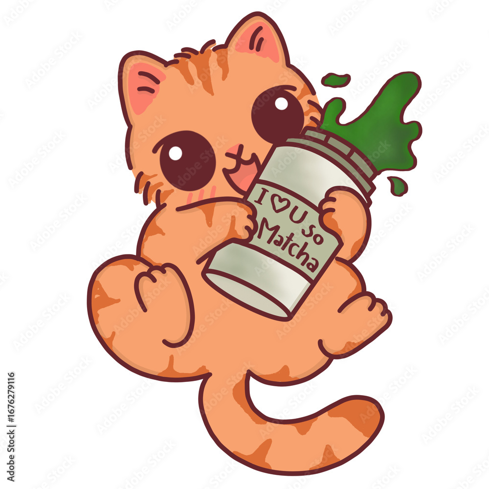 Naklejka premium Cute Matcha Lover Cat, Happy Tabby Kitten with Tea Drink