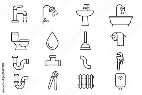 Outline icons of bathroom fixtures and plumbing tools including shower, sink, bath, and pipes