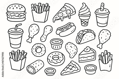 Black and white line art of fast food items: burgers, fries, pizza, ice cream, drinks, hot dog