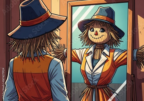 Scarecrow Looking in Mirror with Cheerful Expression in Colorful Farmhouse Setting for Illustrations, Seasonal Decor, Halloween Themes, and Creative Content  