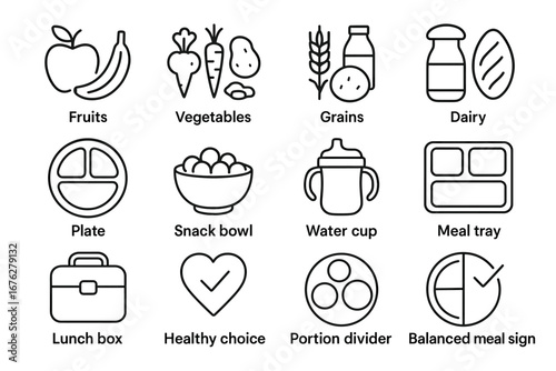 Illustrated icons of fruits, vegetables, grains, dairy, and portion control items