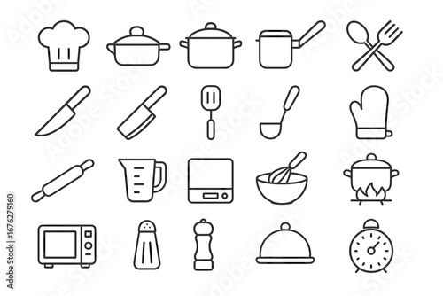 Outline icons of kitchenware and cooking utensils including pots and pans