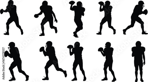 Collection of American football quarterback silhouettes in passing motion, dynamic sport action, athletic performance, competition and training concept on white background