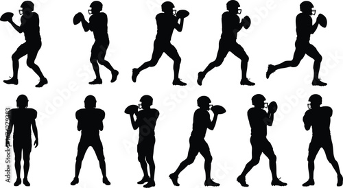Collection of American football player silhouettes in quarterback passing and action poses, dynamic sport performance, competition and training concept on white background