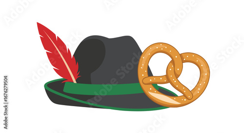 Oktoberfest Hat with Pretzel Illustration for Bavarian Festivals, German Culture Events, Beer Festival Promotions, Craft Beer Websites, and Oktoberfest Invitations