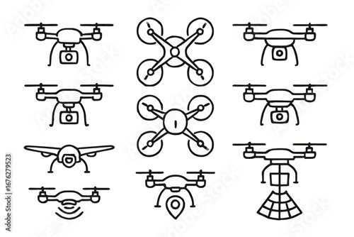 Variety of drone icon designs featuring cameras and propellers