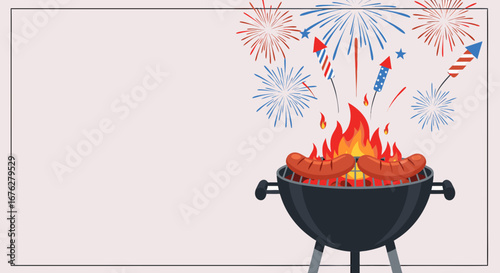 Hot Dogs on Grill with Fireworks the Concept of Labor Day for BBQ Cookouts, Celebrations, Parties, and Social Media Marketing