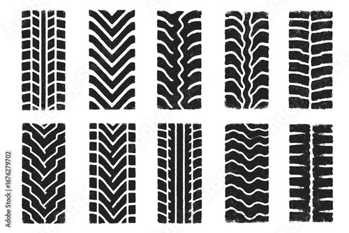 Black and white tire track patterns set in various designs