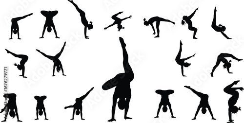 Collection of handstand and acrobatics silhouettes, athletic balance poses, gymnastics movement, sport, fitness and strength concept on white background