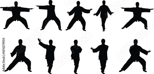 Collection of martial arts silhouettes in Tai Chi poses, balance, discipline, fitness, sport, meditation and movement concept on white background